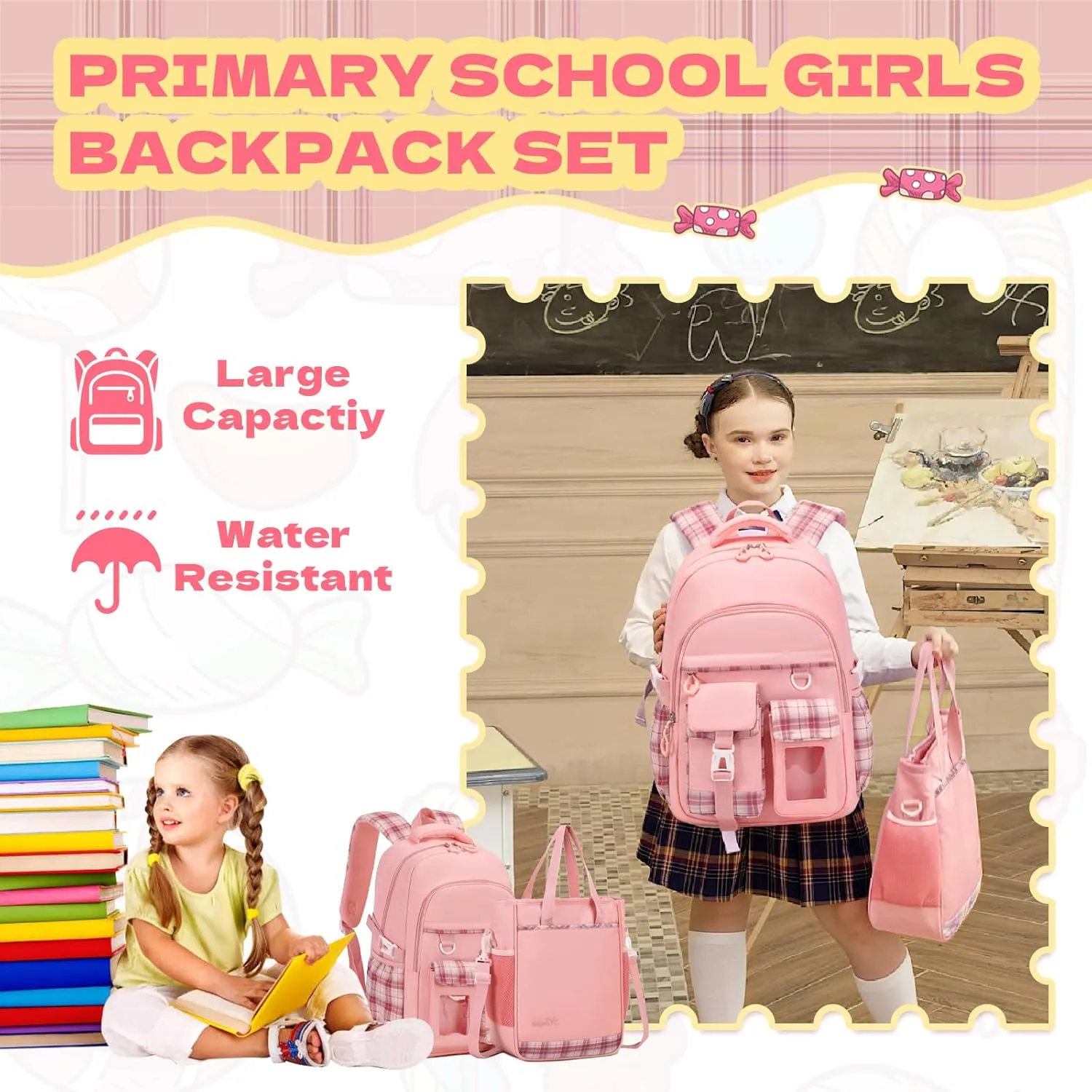 Girls Backpack, 2pcs Set School Backpack with Convertible Shoulder Tote Bag Water Resistant Book Bag for Primary Elementary School,Pink