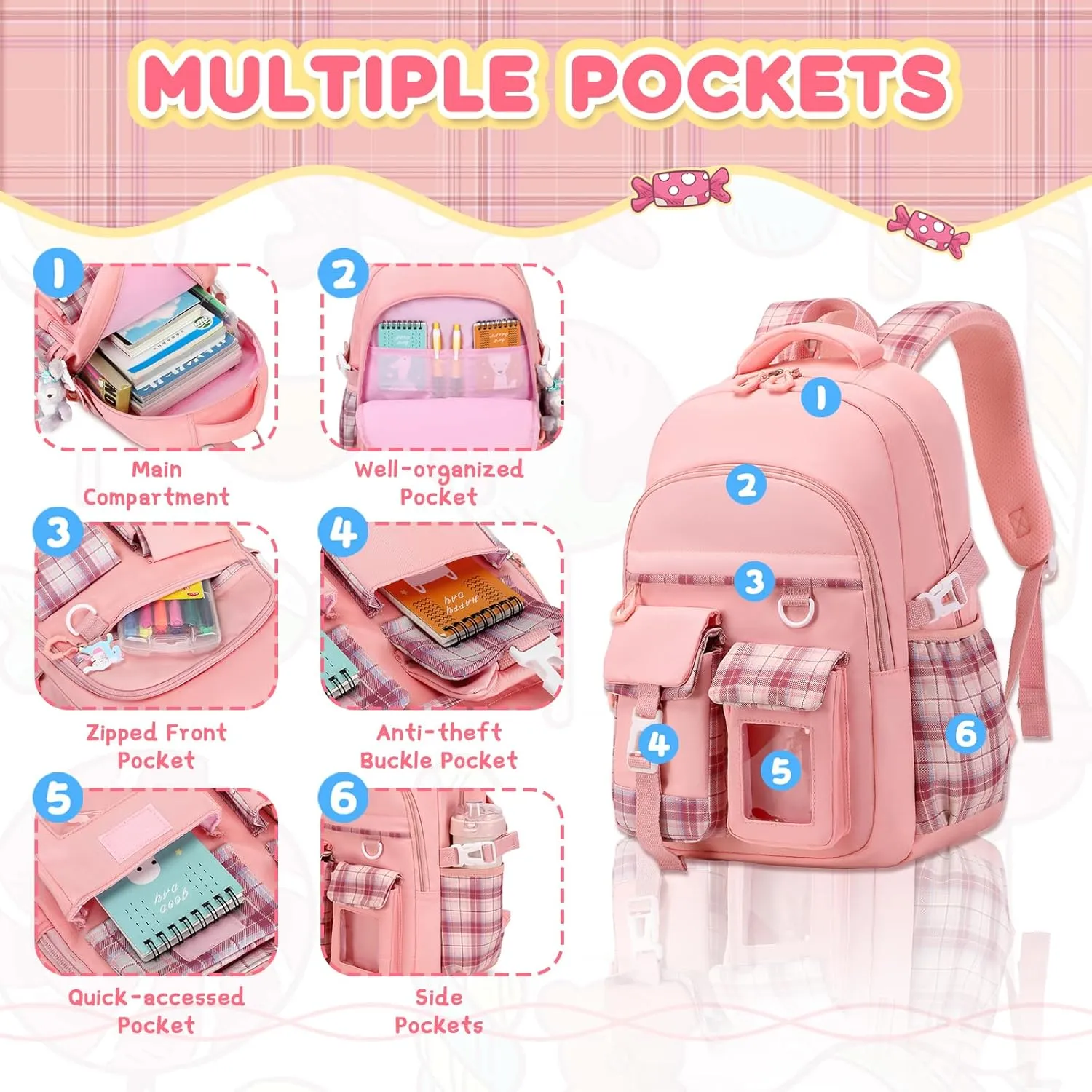 Girls Backpack, 2pcs Set School Backpack with Convertible Shoulder Tote Bag Water Resistant Book Bag for Primary Elementary School,Pink