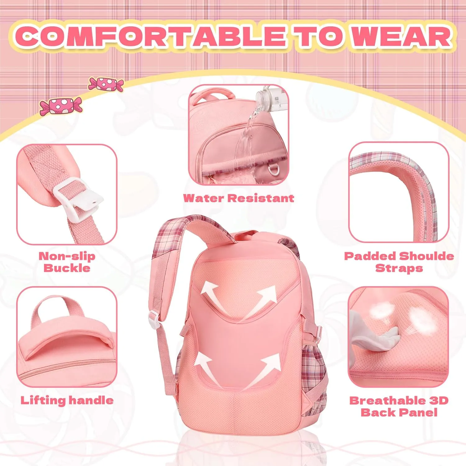 Girls Backpack, 2pcs Set School Backpack with Convertible Shoulder Tote Bag Water Resistant Book Bag for Primary Elementary School,Pink