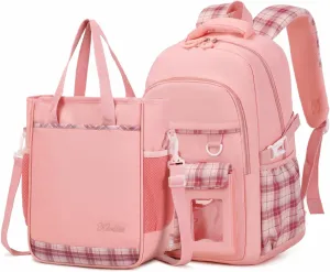 Girls Backpack, 2pcs Set School Backpack with Convertible Shoulder Tote Bag Water Resistant Book Bag for Primary Elementary School,Pink