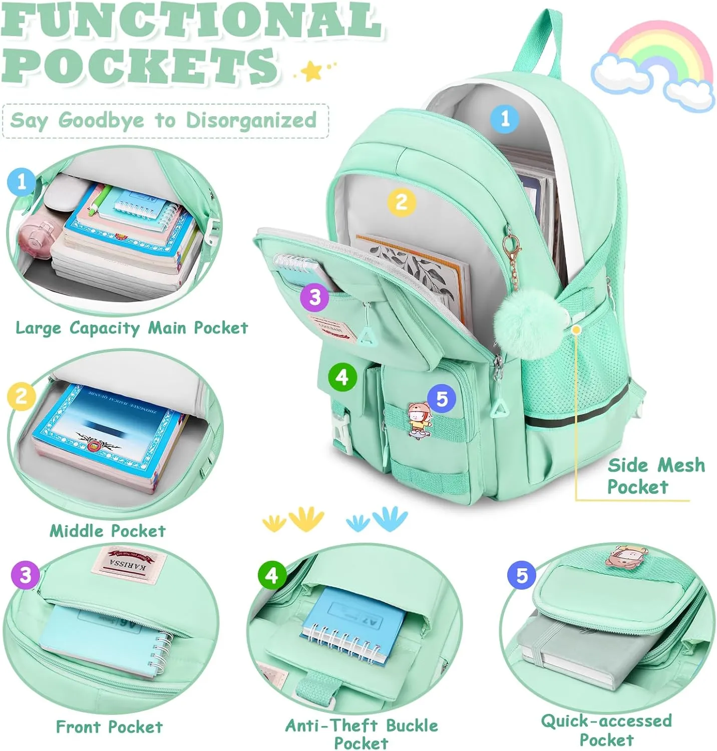 Girls Backpack for School, Teenage Multiple Pockets Backpack, Bookbag for Primary Elementary High School