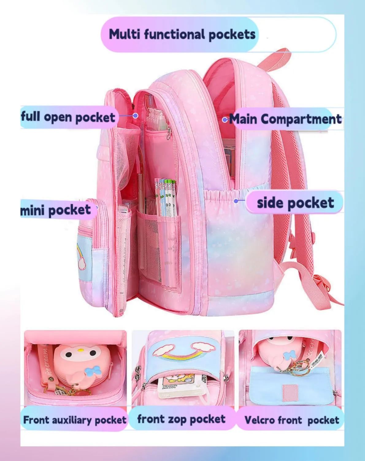 Girls Backpack, School Backpacks Rainbow Student Backpa,Kawaii Kids Backpack,Book Bag for Elementary Primary School