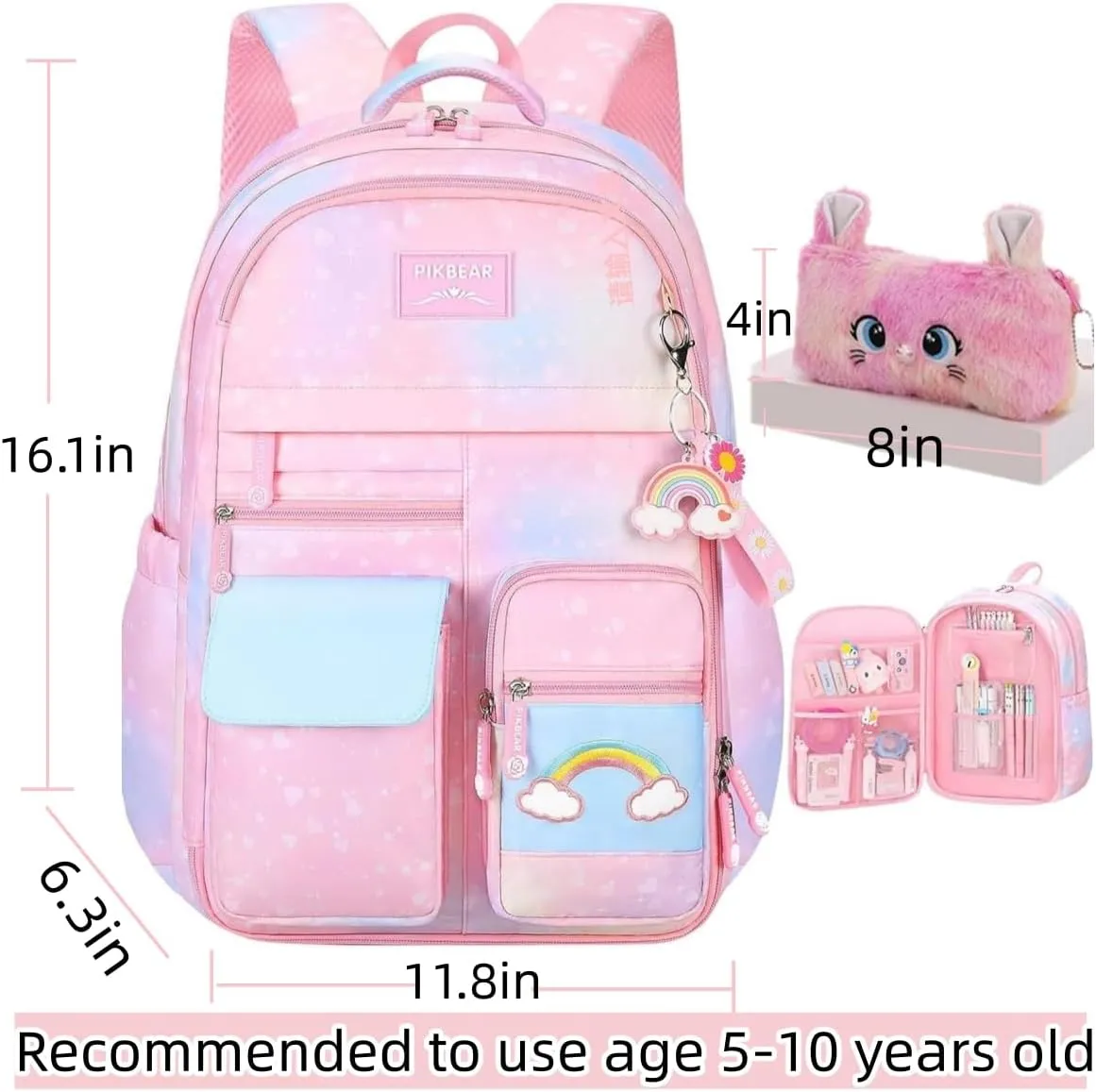 Girls Backpack, School Backpacks Rainbow Student Backpa,Kawaii Kids Backpack,Book Bag for Elementary Primary School