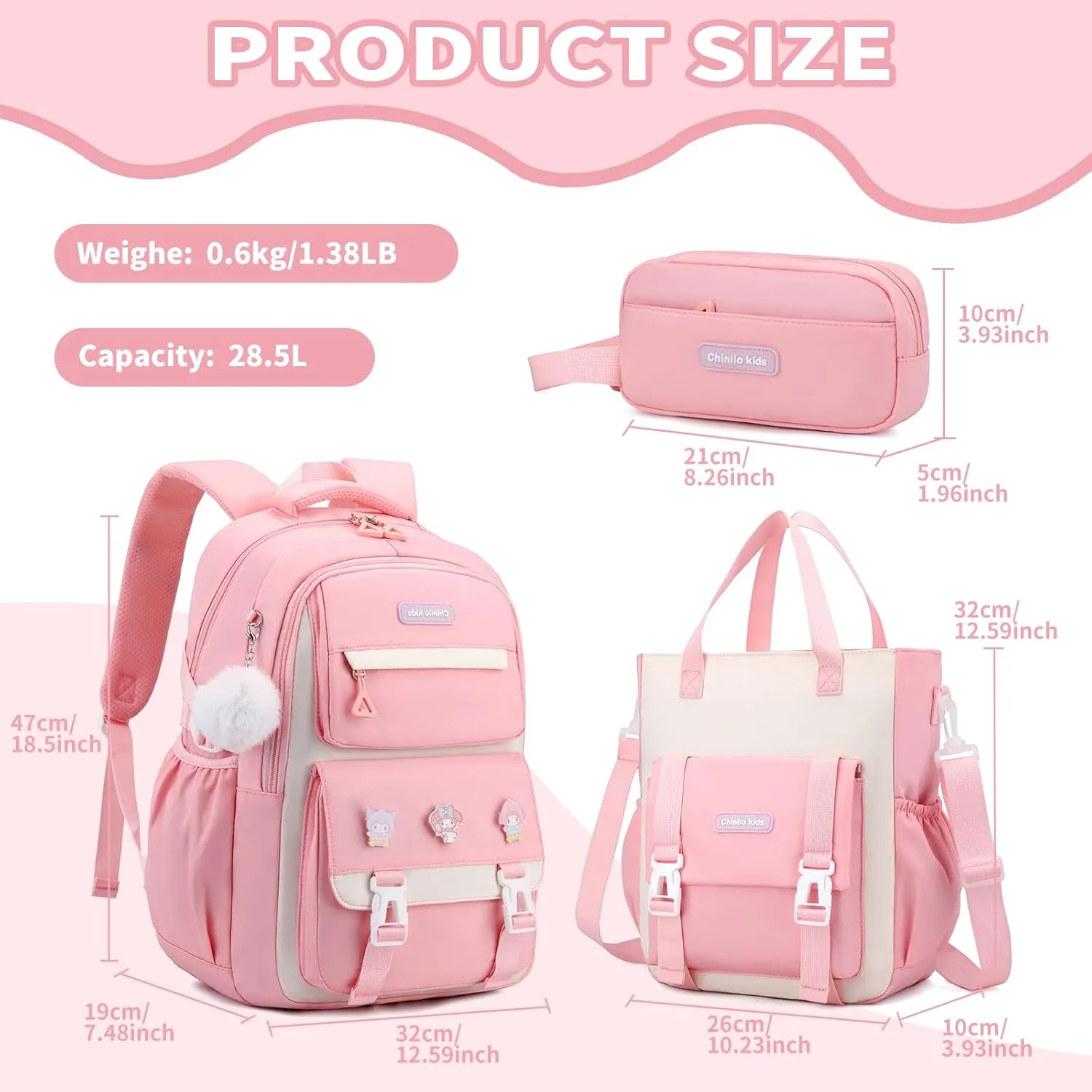 Girls Backpack,Kids Backpack with Tote Bag Pencil case for Teen Girls School Backpack Bookbag for Elementary Primary High School (3pcs Set Pink)