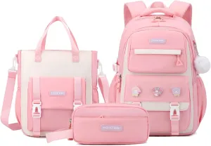 Girls Backpack,Kids Backpack with Tote Bag Pencil case for Teen Girls School Backpack Bookbag for Elementary Primary High School (3pcs Set Pink)