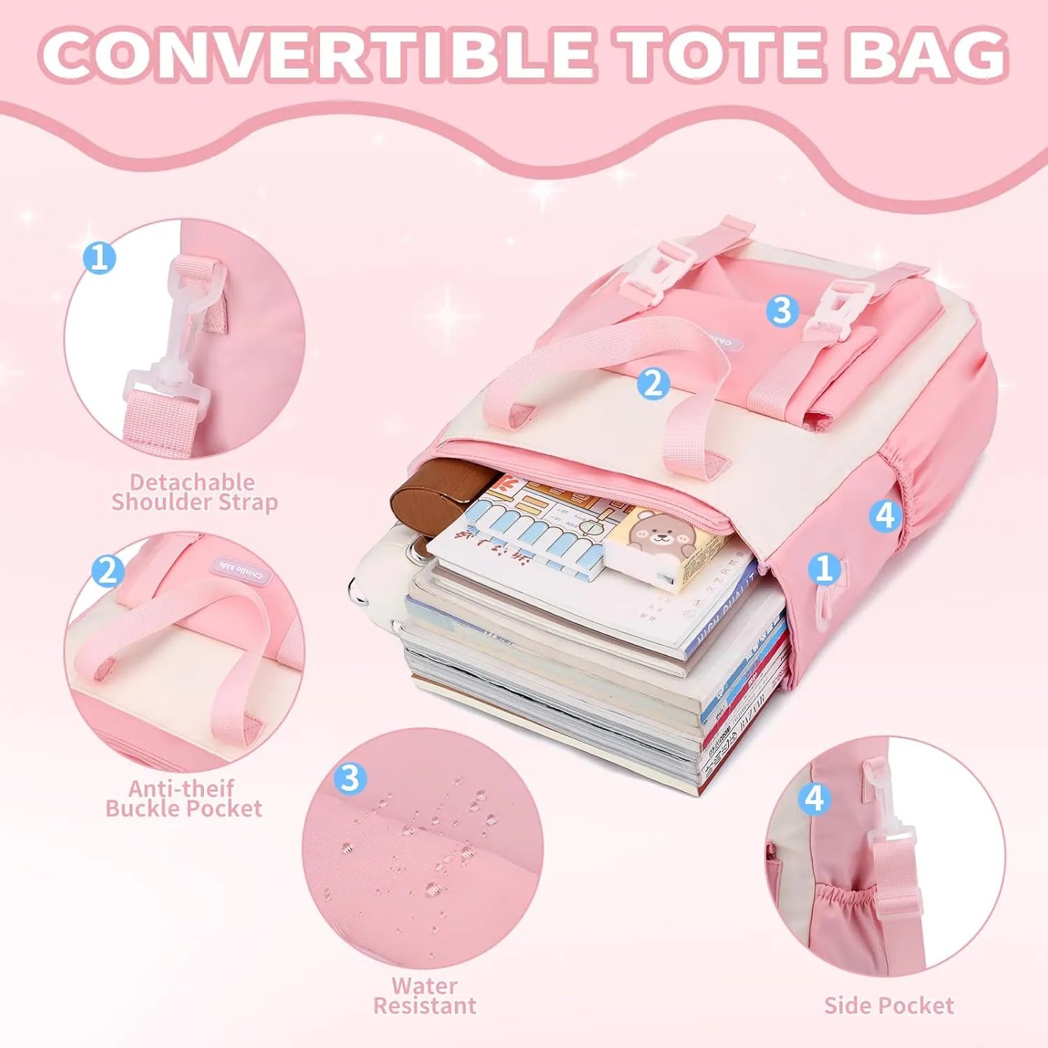 Girls Backpack,Kids Backpack with Tote Bag Pencil case for Teen Girls School Backpack Bookbag for Elementary Primary High School (3pcs Set Pink)