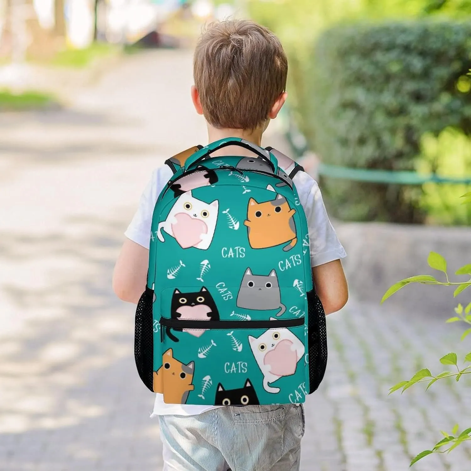 Girls, Boys Cat Backpack - 16 Inches Cartoon Backpacks for School - Green Durable Bookbag for Middle School