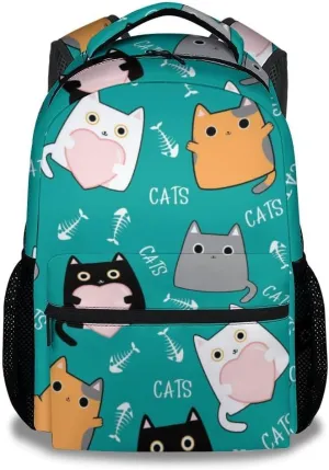 Girls, Boys Cat Backpack - 16 Inches Cartoon Backpacks for School - Green Durable Bookbag for Middle School