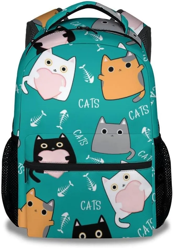 Girls, Boys Cat Backpack - 16 Inches Cartoon Backpacks for School - Green Durable Bookbag for Middle School