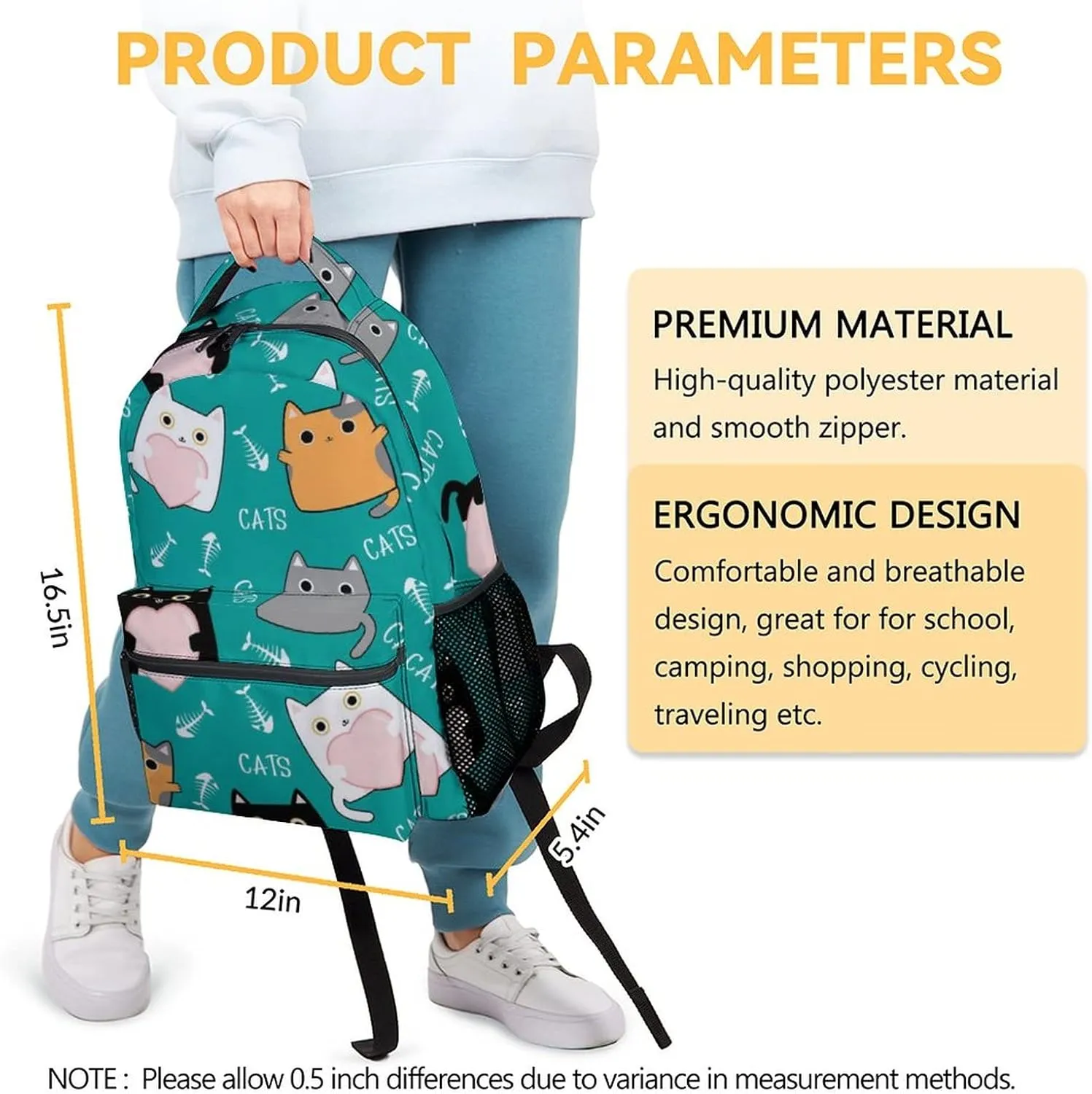 Girls, Boys Cat Backpack - 16 Inches Cartoon Backpacks for School - Green Durable Bookbag for Middle School