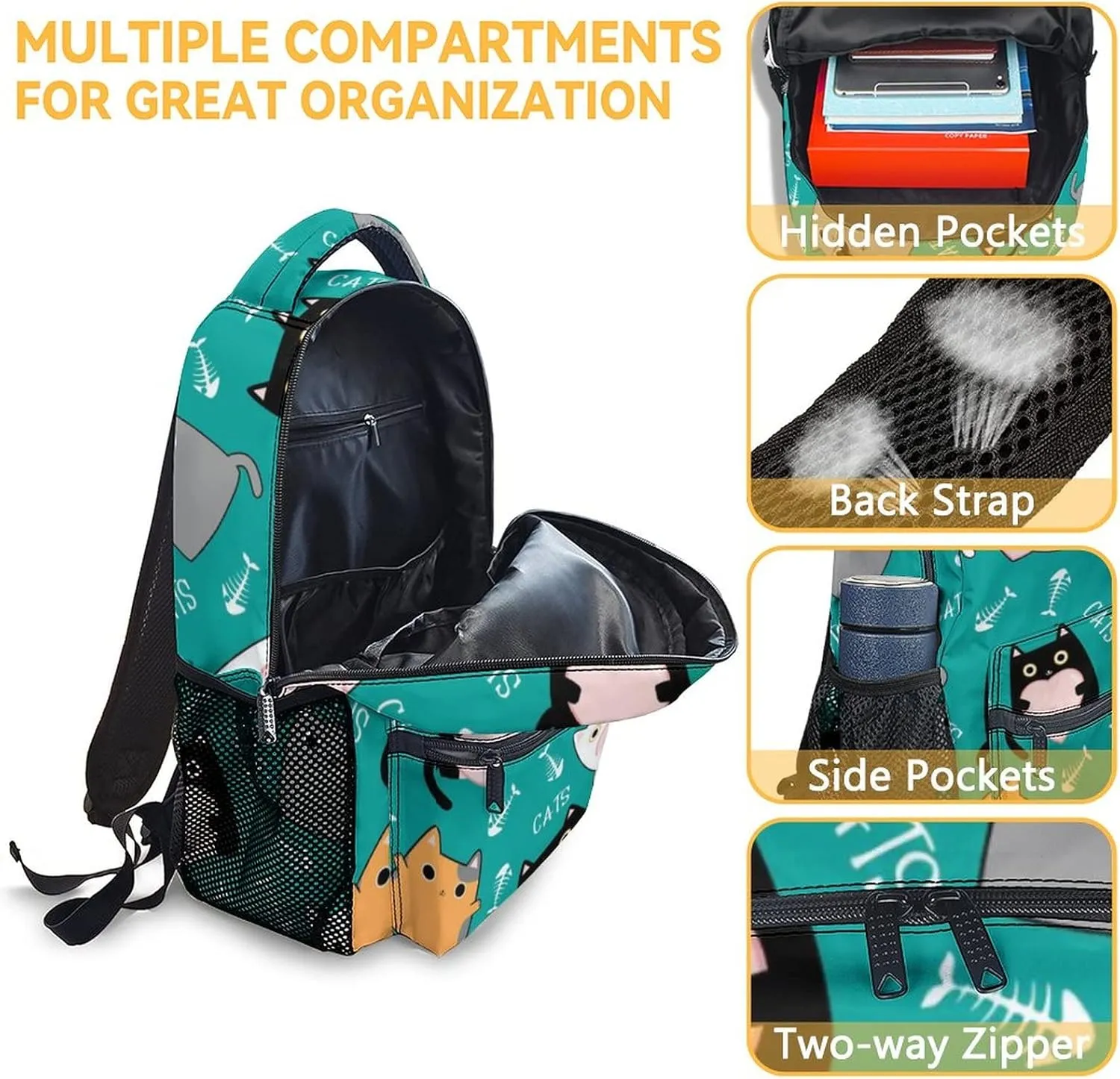 Girls, Boys Cat Backpack - 16 Inches Cartoon Backpacks for School - Green Durable Bookbag for Middle School