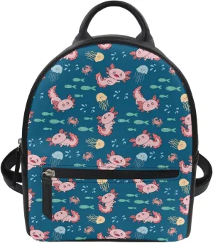 Girls Cute Axolotl Graphic Backpack for School Kids Fahsion Mini Backpack with Front Pocket Teenager Kawaii Bookbag for School Outdoor Travel Use,Blue
