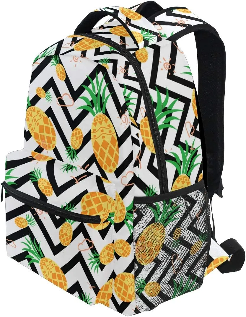 Girls Pineapple Backpacks Chevron Black and White 3th 4th 5th Grade School Bookbags Travel Laptop Daypack Bag Purse for Kids Teens