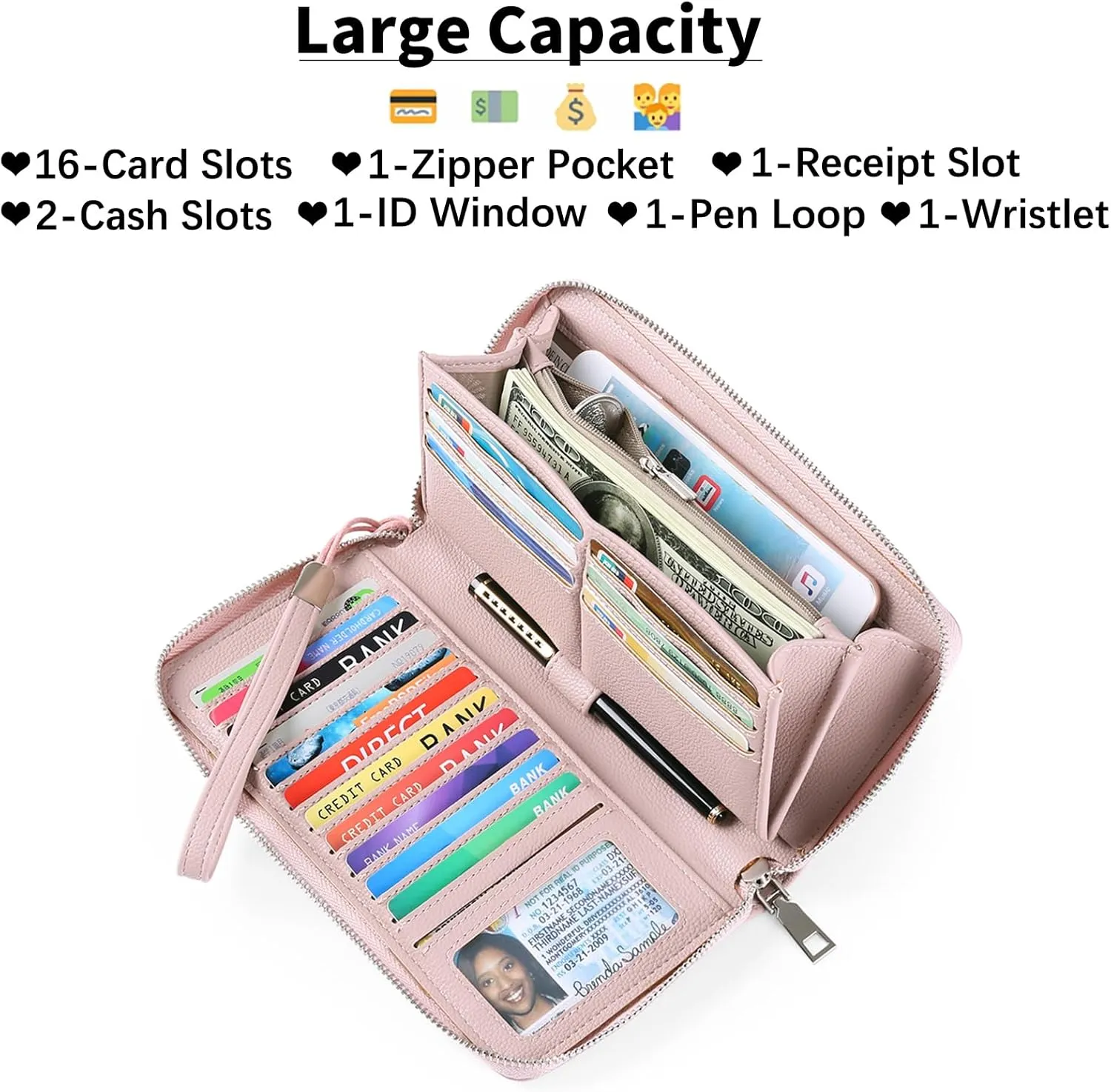 GOIACII Womens Wallet RFID Blocking Leather Zip Around Wallet Large Capacity Long Purse Credit Card Clutch Wristlet