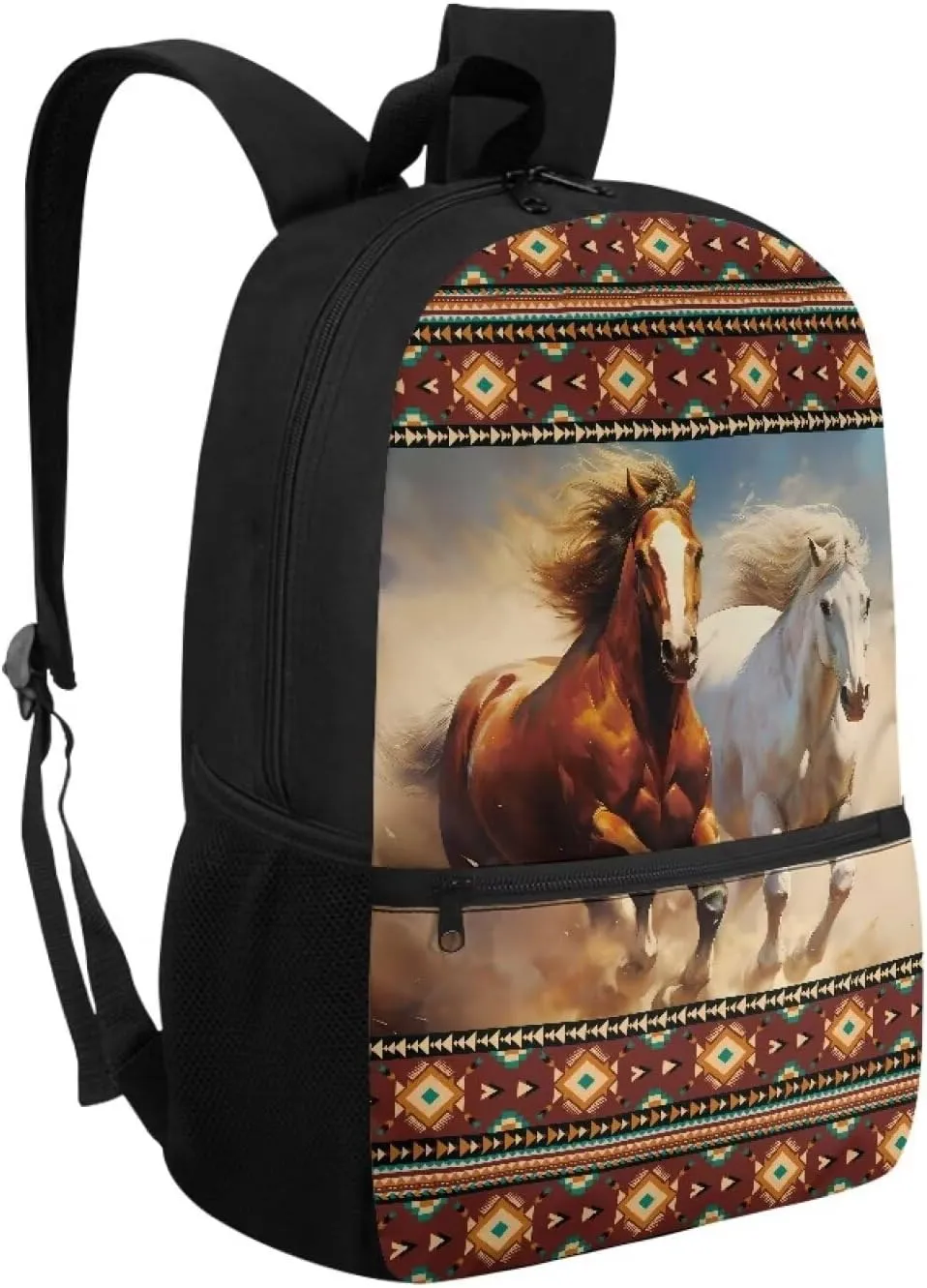 Gomyblomy Aztec Horses Backpack for Kids 12-14 Navajo Backpack for School Boys Girls 17 Inch Lightweight Teens Schoolbag for Elementary Middle School 6Th Grade Students