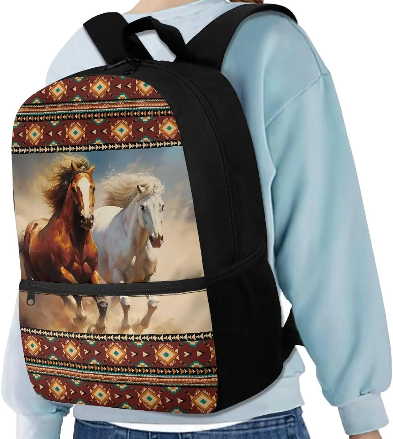 Gomyblomy Aztec Horses Backpack for Kids 12-14 Navajo Backpack for School Boys Girls 17 Inch Lightweight Teens Schoolbag for Elementary Middle School 6Th Grade Students