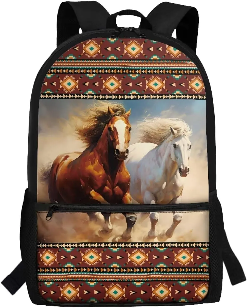 Gomyblomy Aztec Horses Backpack for Kids 12-14 Navajo Backpack for School Boys Girls 17 Inch Lightweight Teens Schoolbag for Elementary Middle School 6Th Grade Students