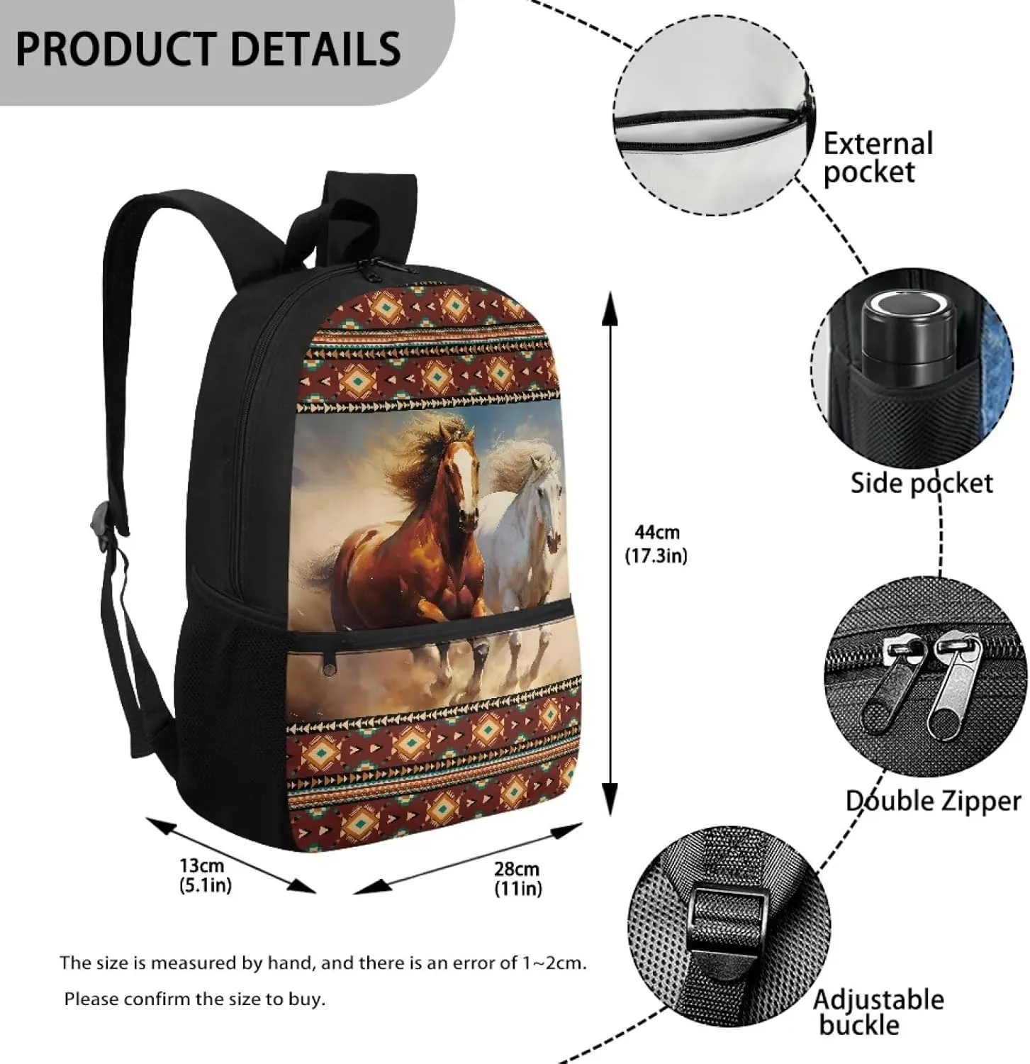 Gomyblomy Aztec Horses Backpack for Kids 12-14 Navajo Backpack for School Boys Girls 17 Inch Lightweight Teens Schoolbag for Elementary Middle School 6Th Grade Students