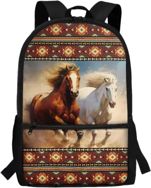 Gomyblomy Aztec Horses Backpack for Kids 12-14 Navajo Backpack for School Boys Girls 17 Inch Lightweight Teens Schoolbag for Elementary Middle School 6Th Grade Students