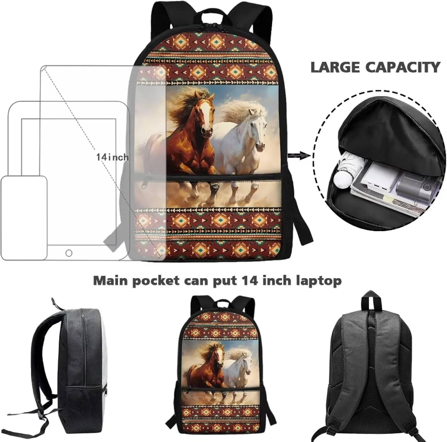 Gomyblomy Aztec Horses Backpack for Kids 12-14 Navajo Backpack for School Boys Girls 17 Inch Lightweight Teens Schoolbag for Elementary Middle School 6Th Grade Students