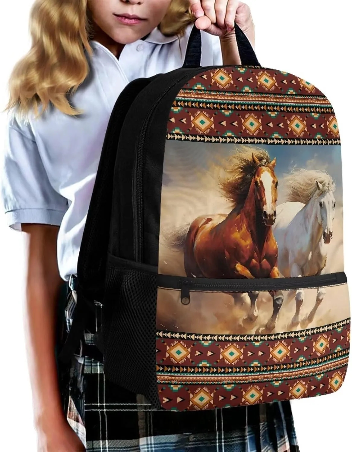 Gomyblomy Aztec Horses Backpack for Kids 12-14 Navajo Backpack for School Boys Girls 17 Inch Lightweight Teens Schoolbag for Elementary Middle School 6Th Grade Students