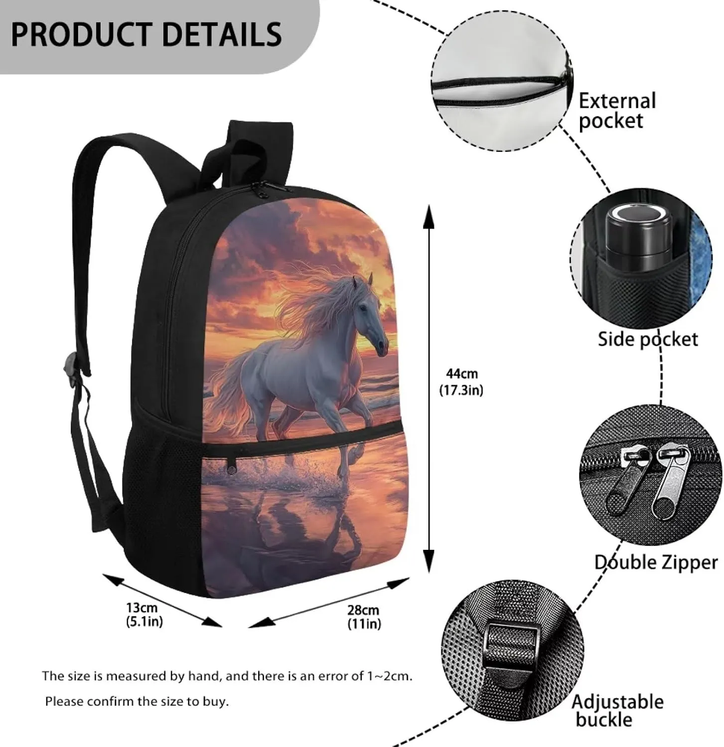 Gomyblomy Beach Horse Backpack for Girls 12-14 Large Capacity 17 Inch Bookbag Kids School Bag for Elementary Middle School Back Packs for Kids Lightweight Travel Satchel