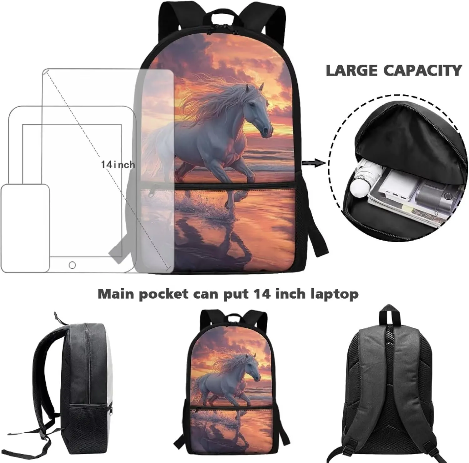 Gomyblomy Beach Horse Backpack for Girls 12-14 Large Capacity 17 Inch Bookbag Kids School Bag for Elementary Middle School Back Packs for Kids Lightweight Travel Satchel