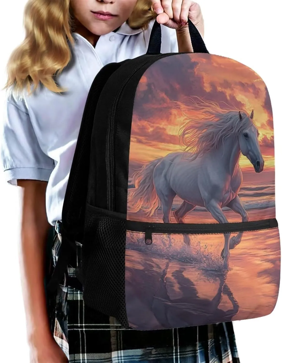 Gomyblomy Beach Horse Backpack for Girls 12-14 Large Capacity 17 Inch Bookbag Kids School Bag for Elementary Middle School Back Packs for Kids Lightweight Travel Satchel