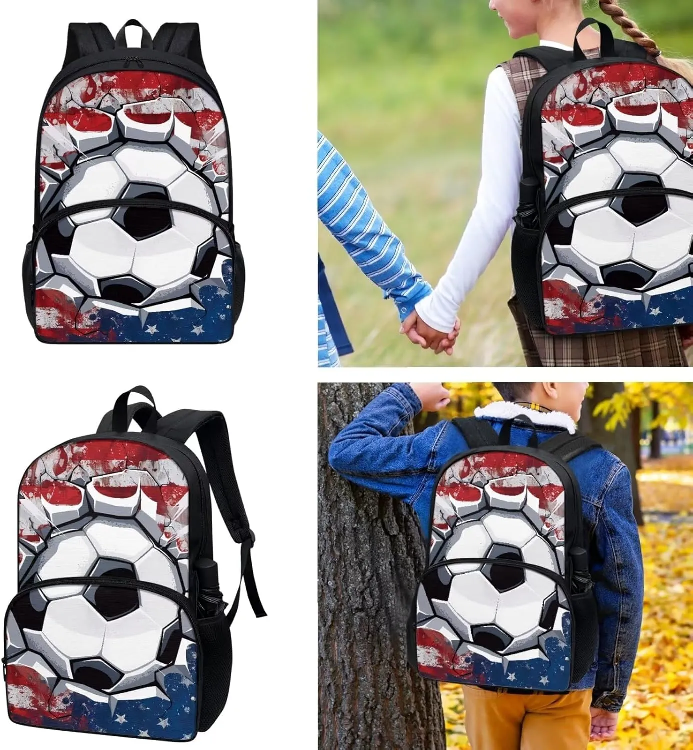 Gomyblomy Soccer Backpack for Boys 6-8 8-12 Kids School Bookbag with Lunch Bag Pencil Case for Kindergarten Primary School Daypack 4 in1 Set Middle Schoolbags for Teens