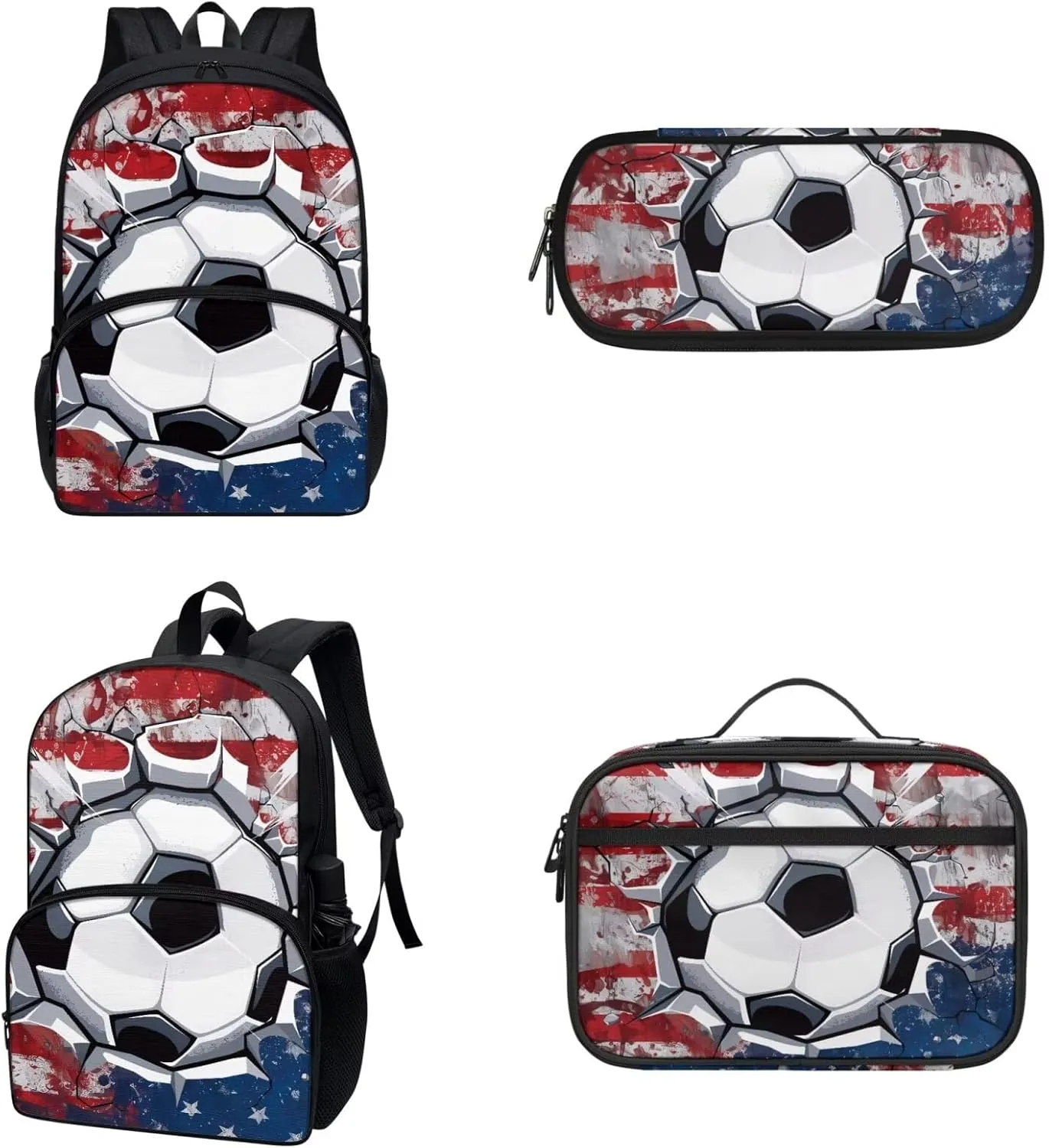 Gomyblomy Soccer Backpack for Boys 6-8 8-12 Kids School Bookbag with Lunch Bag Pencil Case for Kindergarten Primary School Daypack 4 in1 Set Middle Schoolbags for Teens