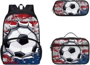 Gomyblomy Soccer Backpack for Boys 6-8 8-12 Kids School Bookbag with Lunch Bag Pencil Case for Kindergarten Primary School Daypack 4 in1 Set Middle Schoolbags for Teens