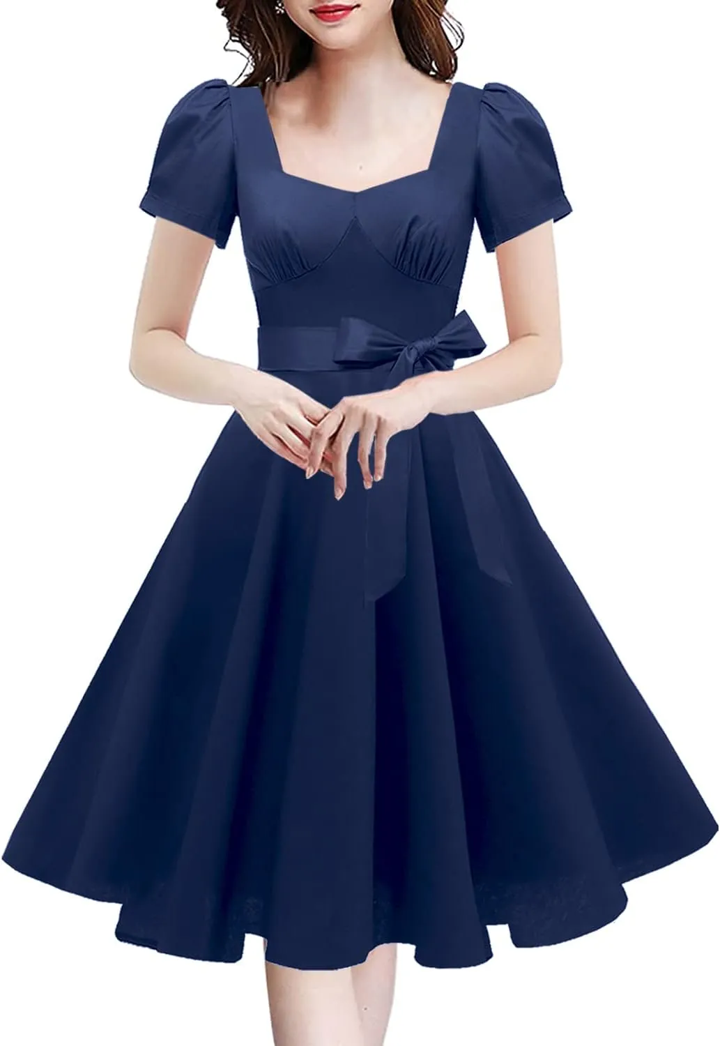 GOOBGS Women's 1950s Vintage Puff Sleeves Cocktail Rockabilly Swing Retro Dress with Pockets New