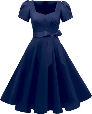 GOOBGS Women's 1950s Vintage Puff Sleeves Cocktail Rockabilly Swing Retro Dress with Pockets New