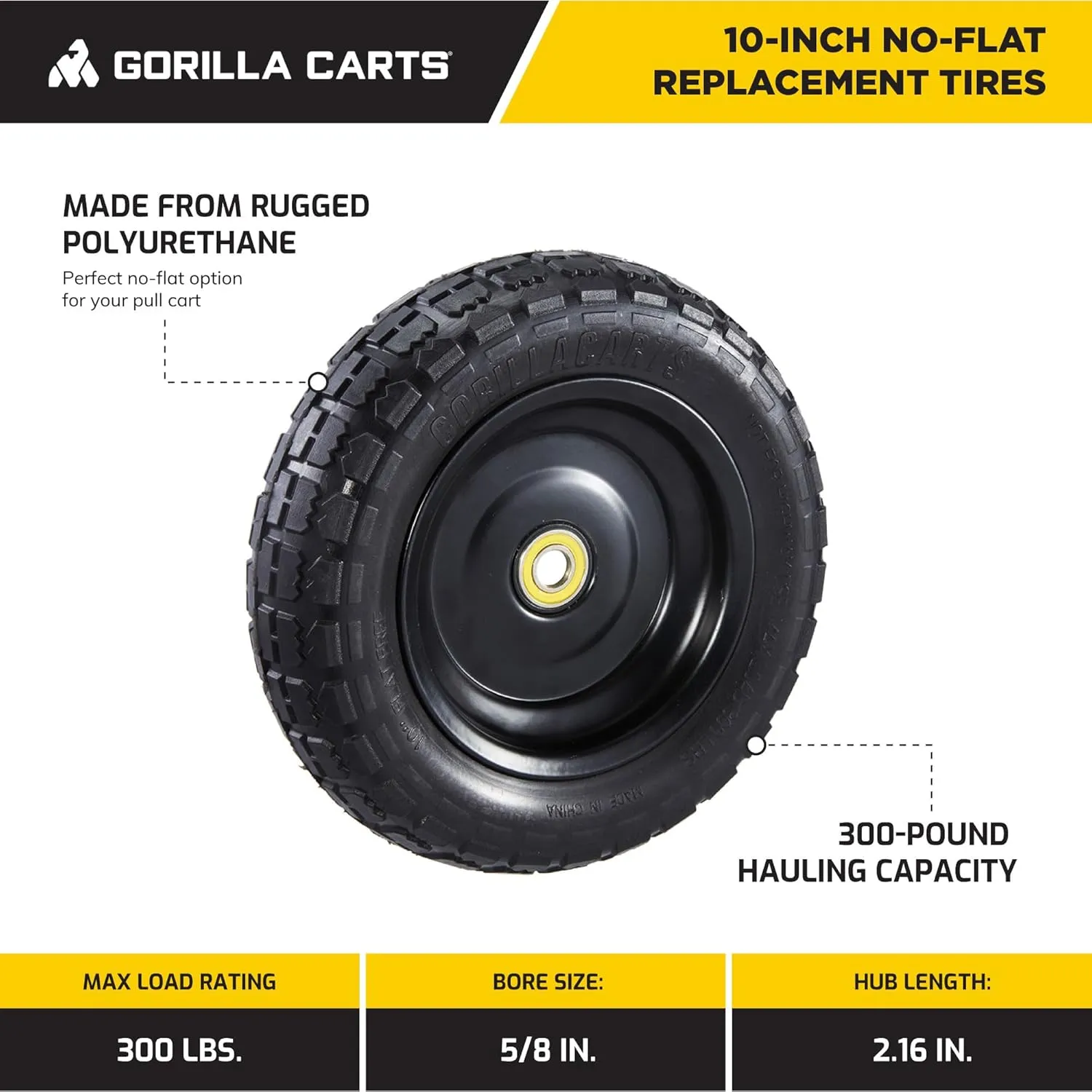 Gorilla Carts 10 Inch No Flat Replacement Wheel, Pneumatic Flat Free Cart Tires for Utility Garden Cart, Wheelbarrow, Dolly, and Wagon (2 Pack)