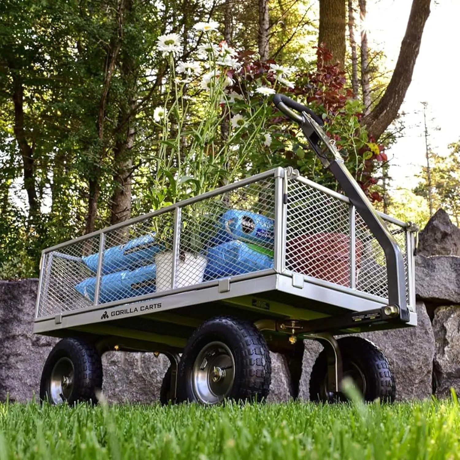 Gorilla Carts Steel Utility Wagon w/ Removable Side Panels, 1000 lb Capacity, Gray - Outdoor Flatbed Cart with 49" x 25" Metal Mesh Bed and All-Terrain Wheels for Garden, Lawn & Landscaping