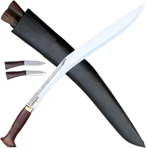 Gorkha Sirupate Kukri Knife With Sheath & 2 Small Knives, Carbon Steel 24 IN Fixed Blade, Overall 33 IN (Hiking, Bush crafting, Camping, Indoor & Outdoor) Heavy Duty Knife Hand-Hammered In Nepal