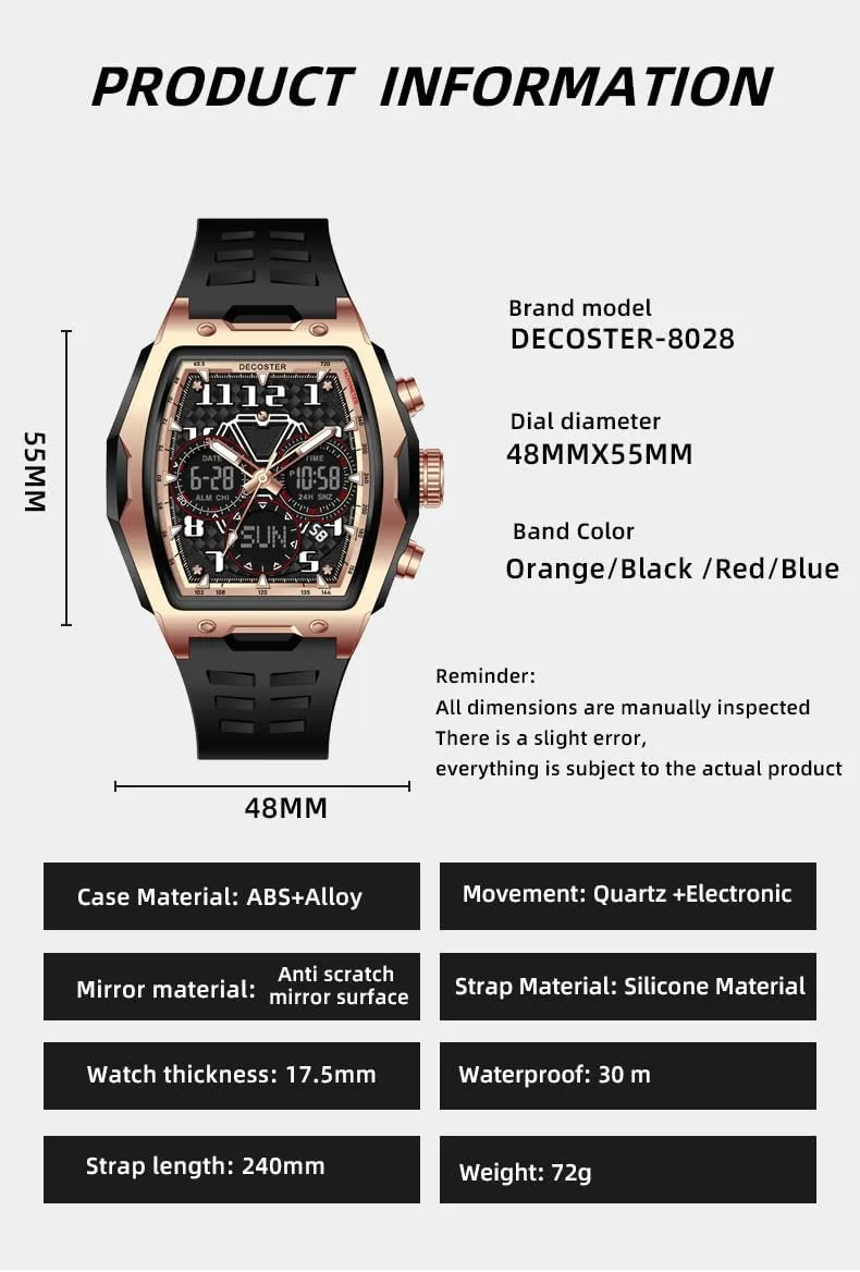 Gosasa Men’s Dual Display Sports Tonneau Watch Large Face Waterproof Multi-Function Fashion Casual Date Luminous Wristwatch with LED Backlight & Alarm