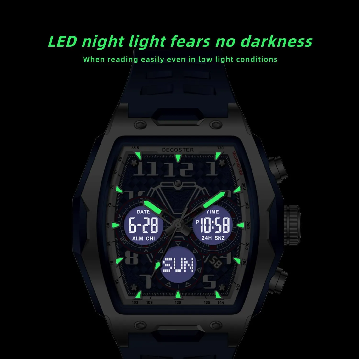 Gosasa Men’s Dual Display Sports Tonneau Watch Large Face Waterproof Multi-Function Fashion Casual Date Luminous Wristwatch with LED Backlight & Alarm