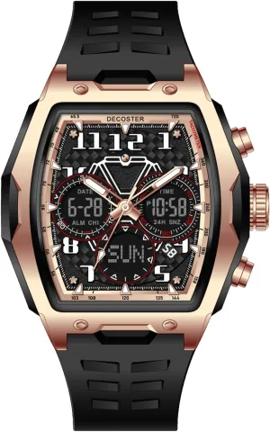 Gosasa Men’s Dual Display Sports Tonneau Watch Large Face Waterproof Multi-Function Fashion Casual Date Luminous Wristwatch with LED Backlight & Alarm