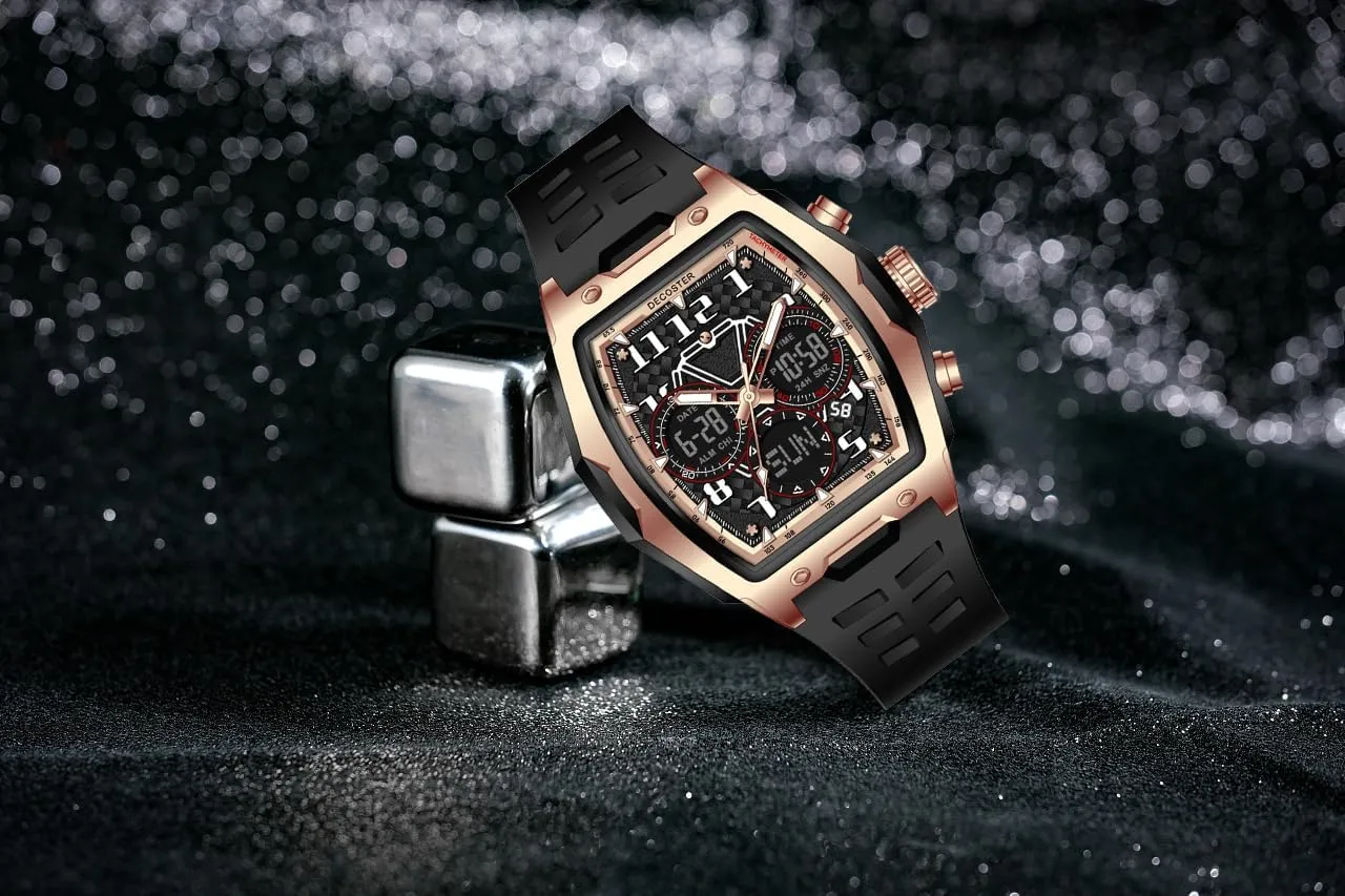 Gosasa Men’s Dual Display Sports Tonneau Watch Large Face Waterproof Multi-Function Fashion Casual Date Luminous Wristwatch with LED Backlight & Alarm