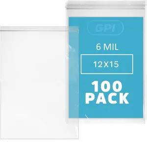 GPI - 6 Mil, Extra Heavy-Duty, 12" X 15" Clear Plastic Reclosable Zip Bags, Puncture-Resistant, Strong Resealable Poly Bags, With Lock Zipper Seal, For Screws, Nuts, Bolts & Constuction, 100 Count.