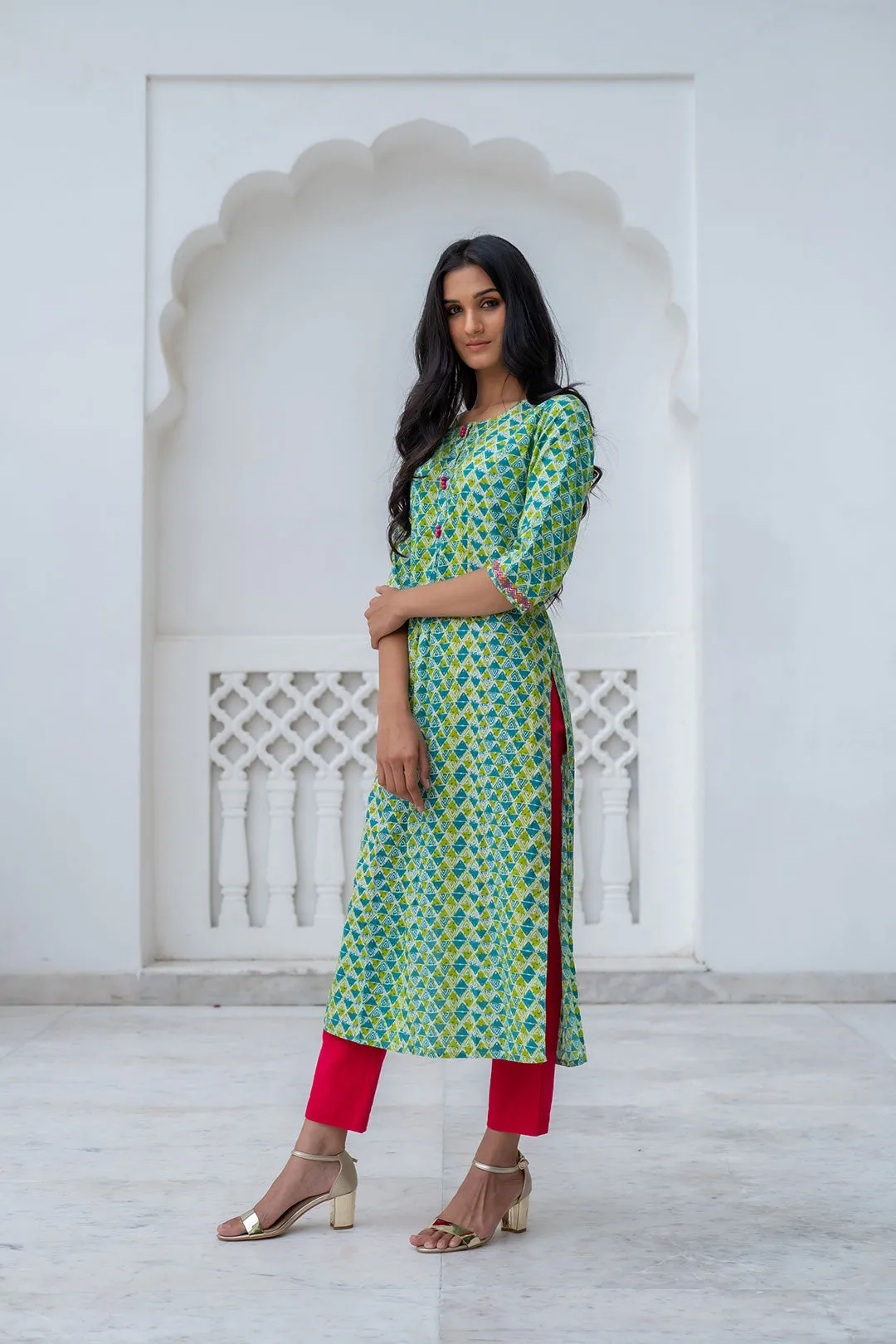 Green & Blue Geometric Print Straight Cotton Kurta