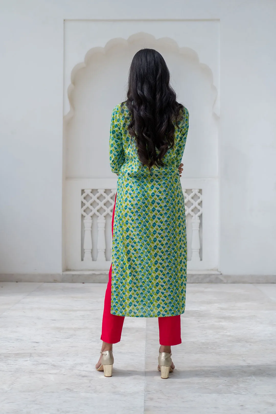 Green & Blue Geometric Print Straight Cotton Kurta