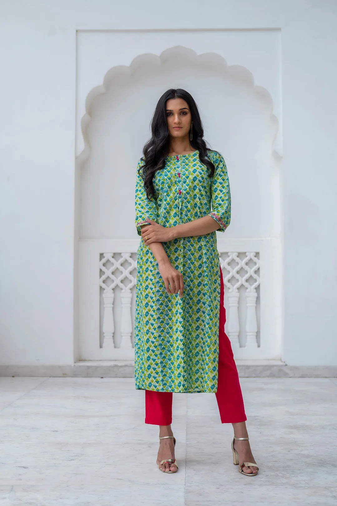 Green & Blue Geometric Print Straight Cotton Kurta