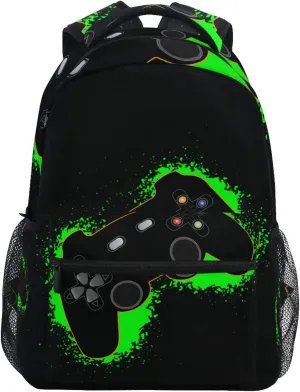 Green and Black Video Game Boys Girls Kids School Backpacks Bookbag, Elementary School Bag Travel Backpack Daypack