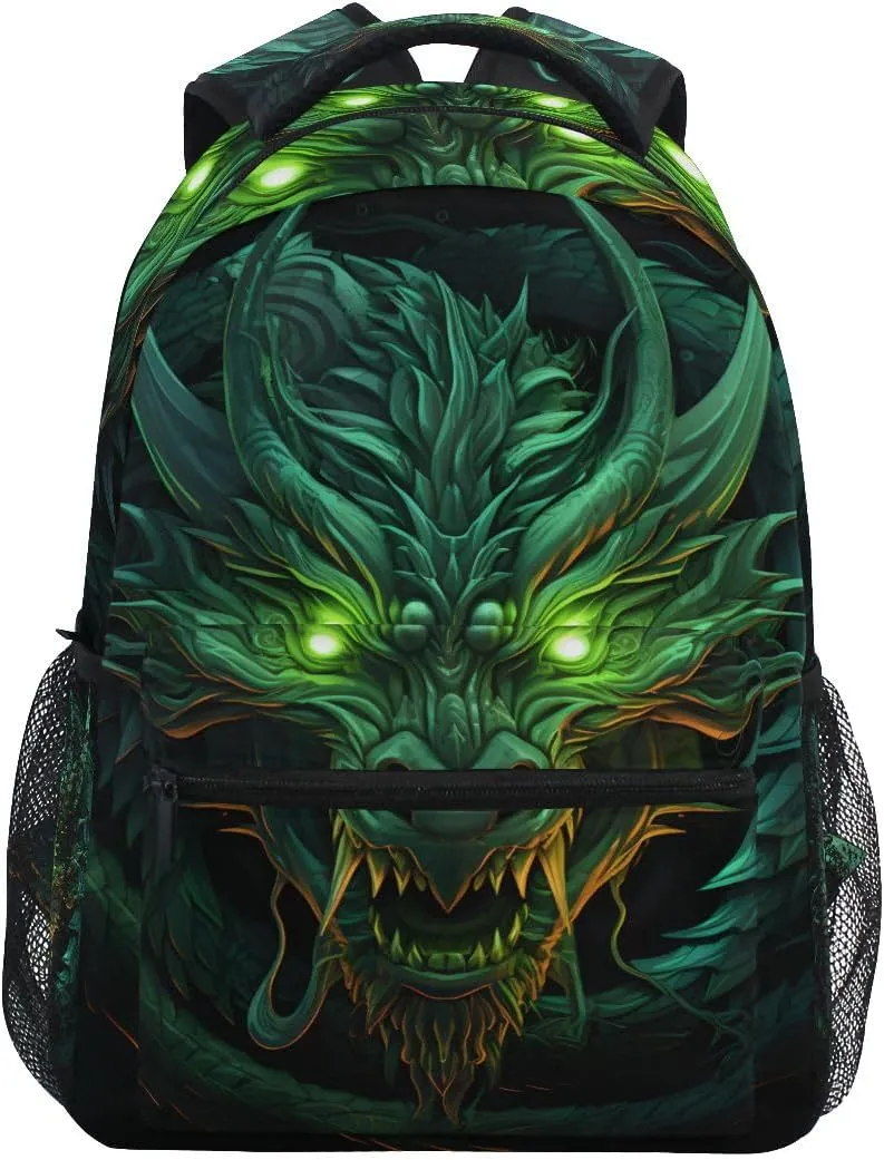 Green Angry Dragon School backpack for Boys Girls, Elementary School Bookbag Travel Bag Laptop Daypack with Name Tag