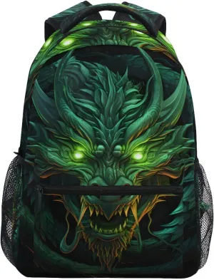 Green Angry Dragon School backpack for Boys Girls, Elementary School Bookbag Travel Bag Laptop Daypack with Name Tag