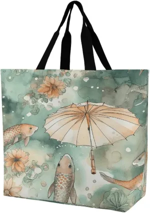Grocery Bag Reusable Tote Bag Foldable Fish And Umbrella Shopping Bag Handbag Washable Shoulder Bag for Travel