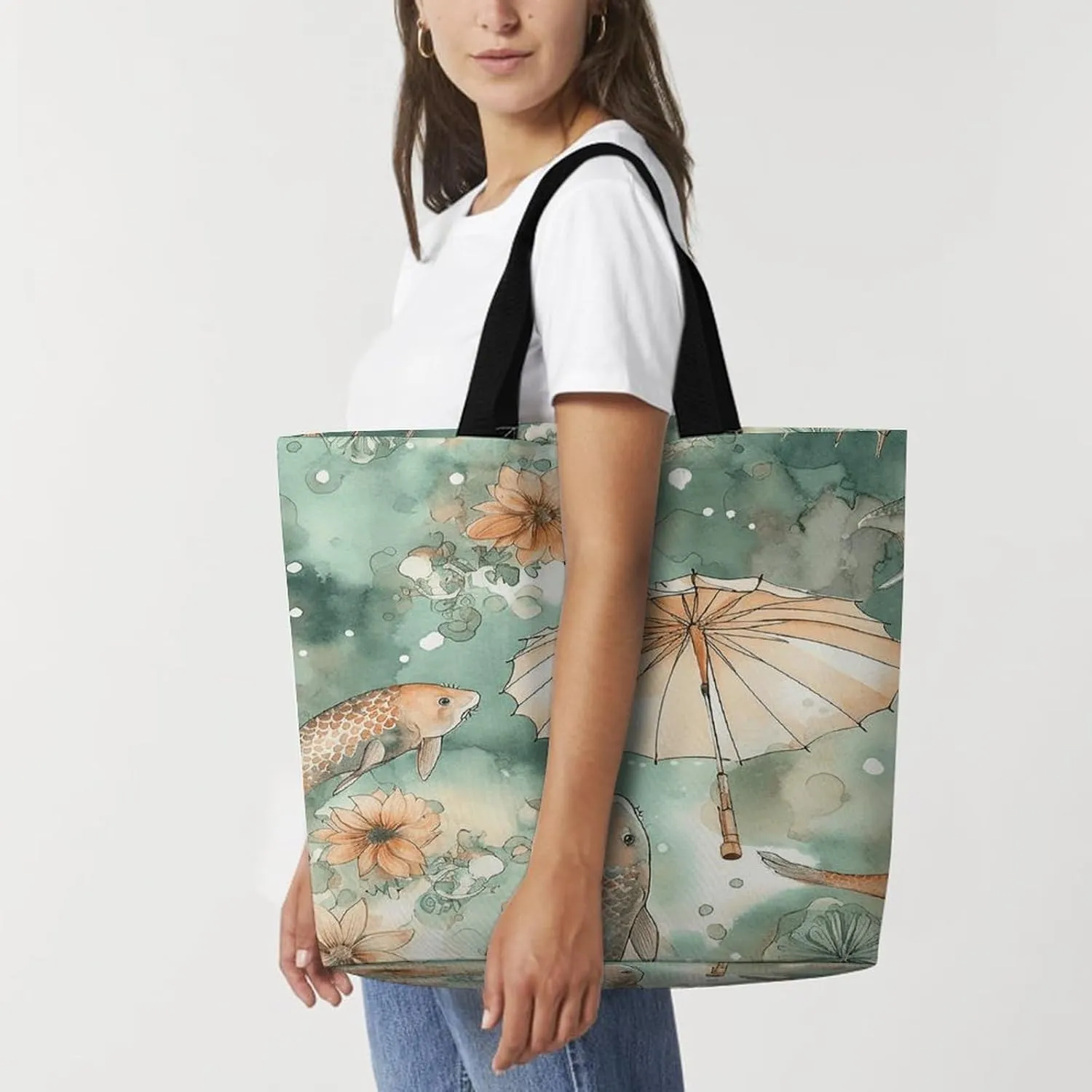 Grocery Bag Reusable Tote Bag Foldable Fish And Umbrella Shopping Bag Handbag Washable Shoulder Bag for Travel