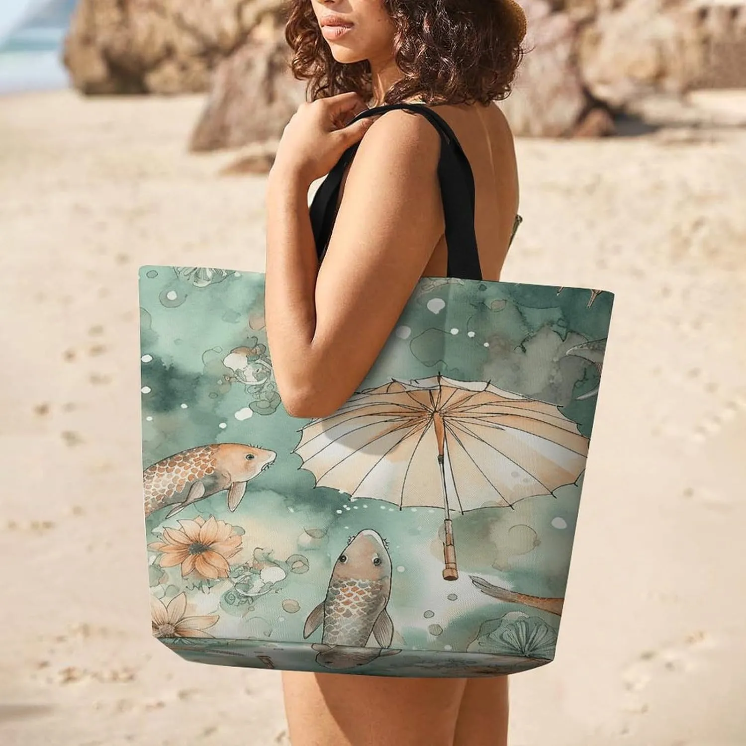 Grocery Bag Reusable Tote Bag Foldable Fish And Umbrella Shopping Bag Handbag Washable Shoulder Bag for Travel